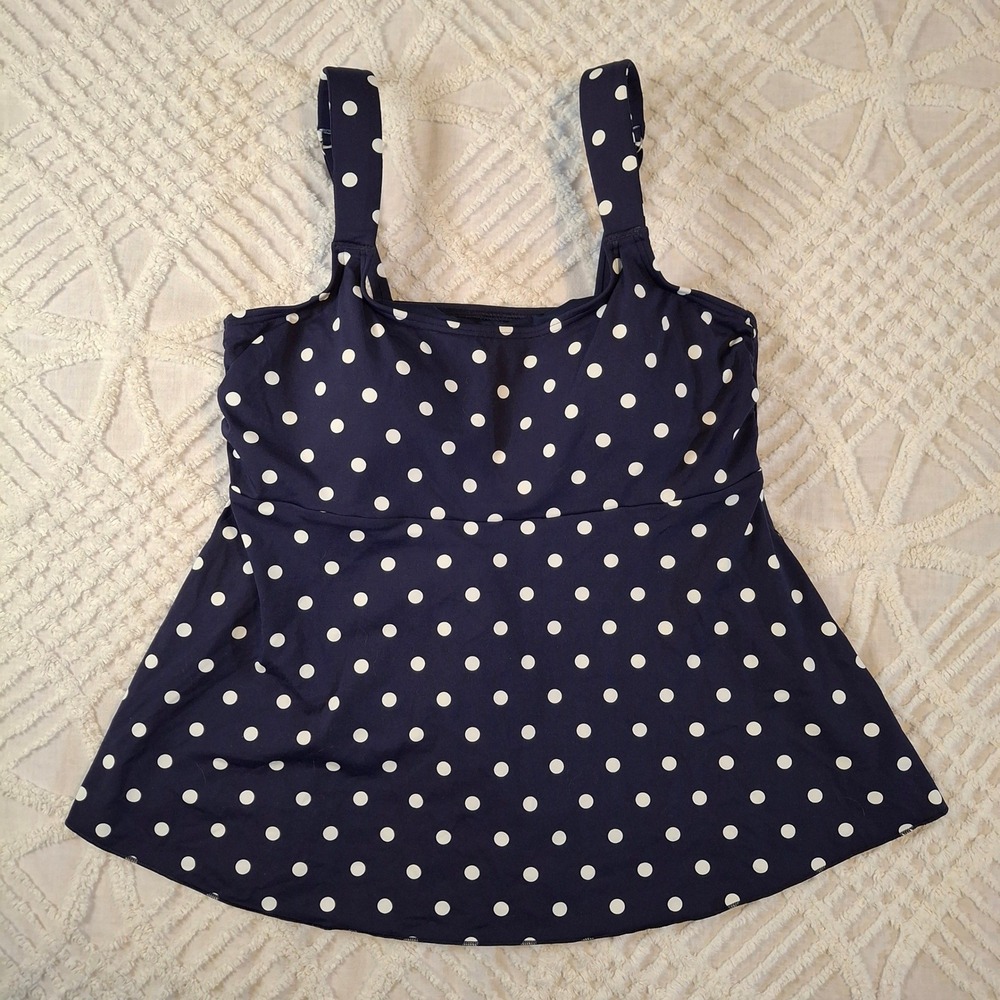 Lands End Medium 10/12 Navy Blue White Polka Dot Tankini Swim Top Padded Straps